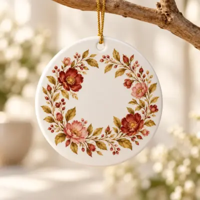 Rose Circle Ceramic Keepsake Ornament — lifestyle view